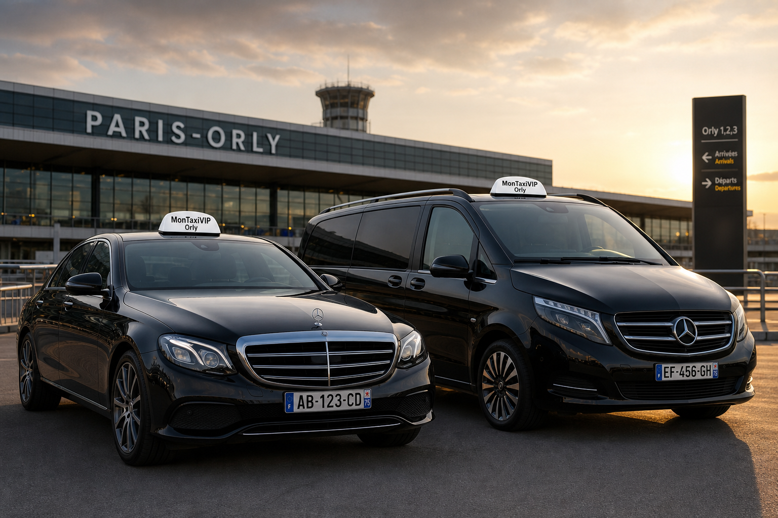 Taxi Orly berline et VAN MonTaxiVIP marketing aéroport Orly