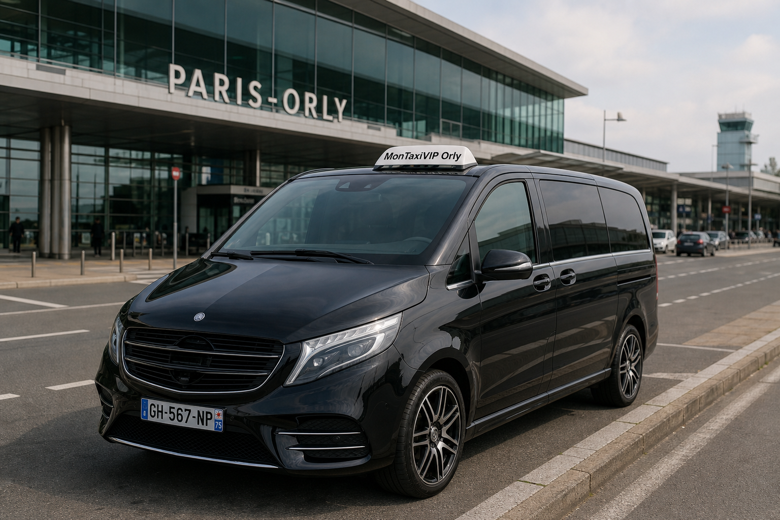 Taxi Orly mini-van MonTaxiVIP panneau aéroport