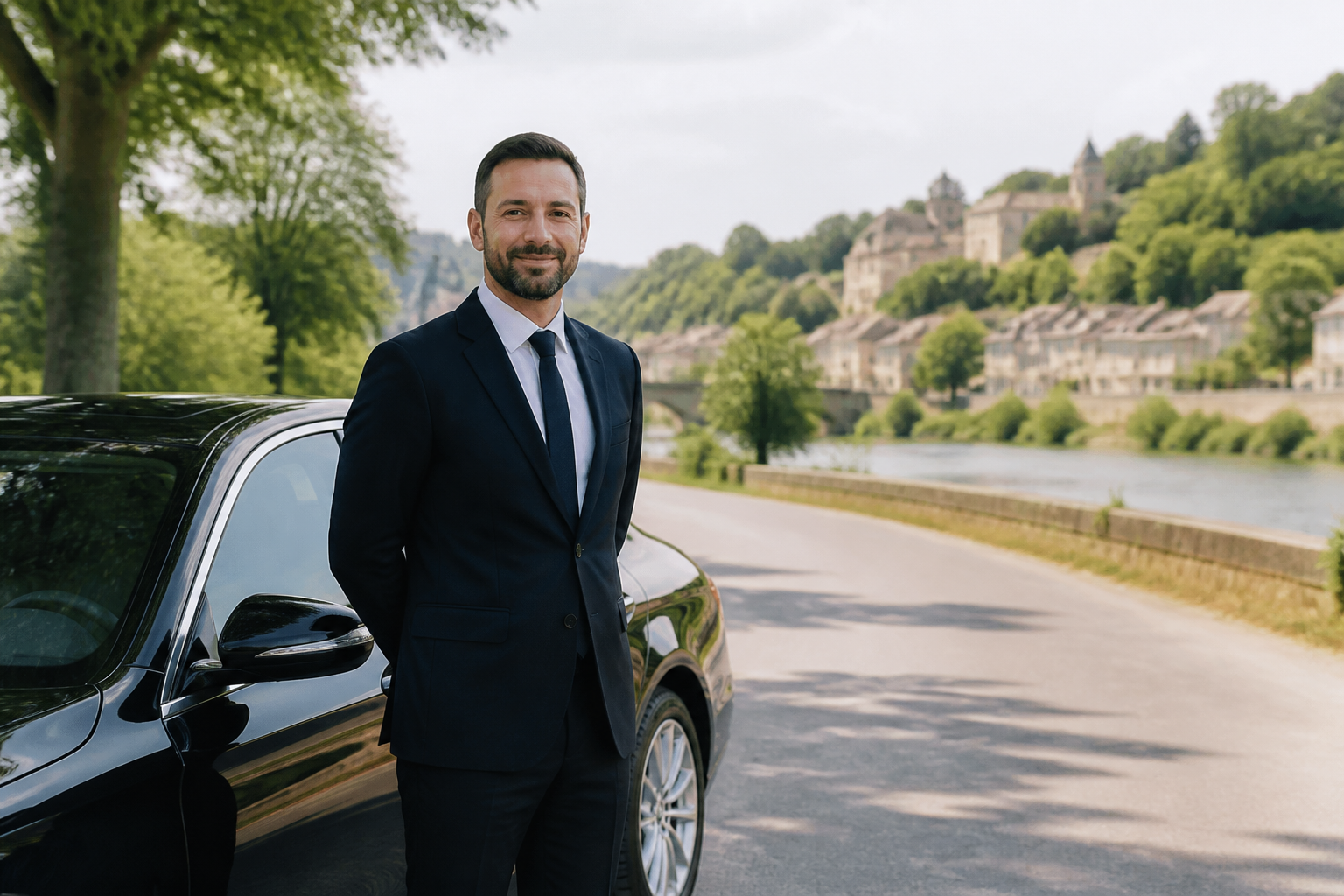 Chauffeur taxi Seine-et-Marne souriant — MonTaxiVIP berline premium
