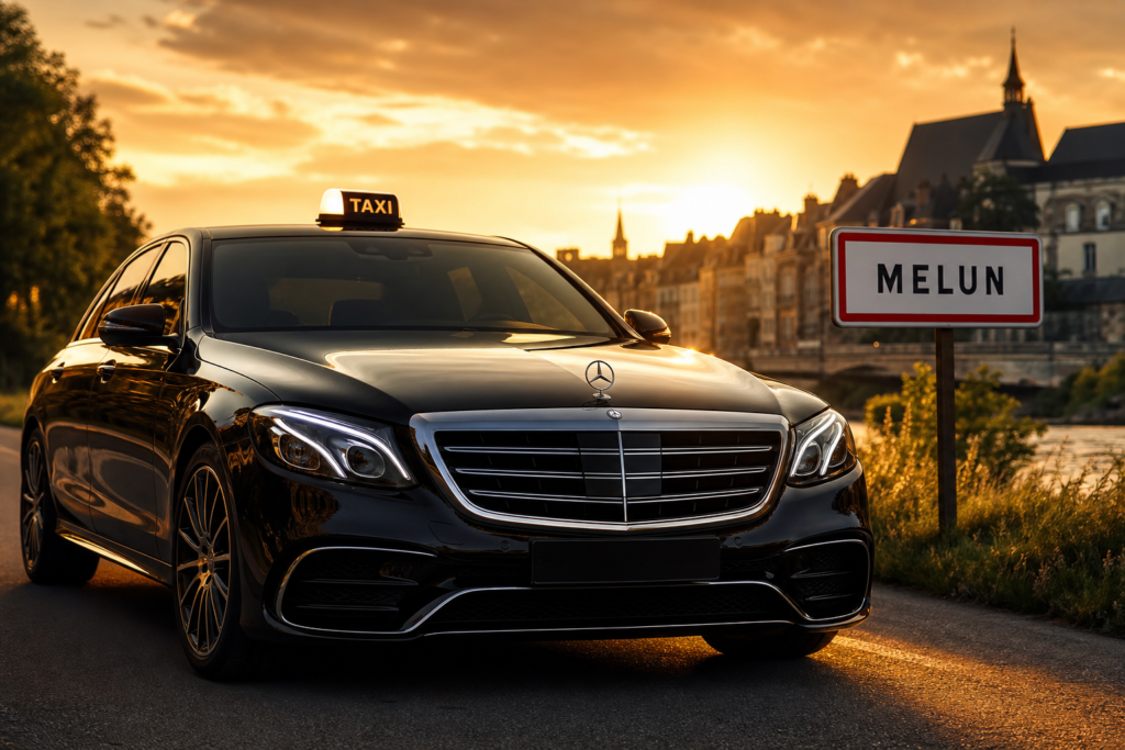 Taxi Melun berline premium MonTaxiVIP devant panneau Melun 77000