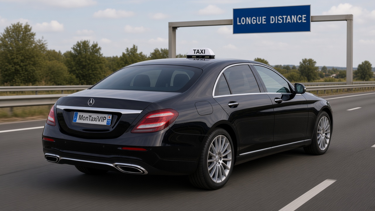 Taxi longue distance MonTaxiVIP sur autoroute — panneau LONGUE DISTANCE